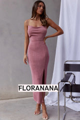 Frieda Cowl Neck Front Split Midi Dress Mauve