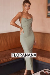 Frieda Cowl Neck Side Split Ribbed Midi Dress Sage