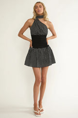 Kalianna Ruched Waist Scarf Mini Dress Polka Dot Black