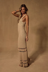 Nella Taupe Crochet V-Neck Maxi Swim Cover-Up