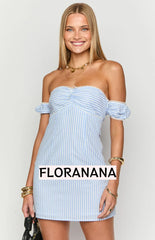 Charlie Blue Striped Off Shoulder Mini Dress
