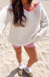 Delvey Cream And Red Contrast Stitch Chunky Knit Sweater
