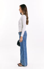 Kippy White Ribbed Knit Button Up Long Sleeve Sweater