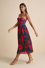 Dorothy Dark Blue Multi Floral Print Pleated Midi Dress
