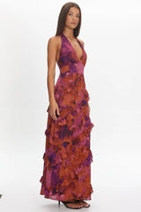 Flirt Frill Trim Halter Maxi Dress Dark Rose