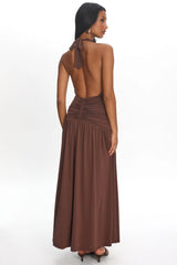 Tanya Halterneck Ruched Maxi Dress Chocolate