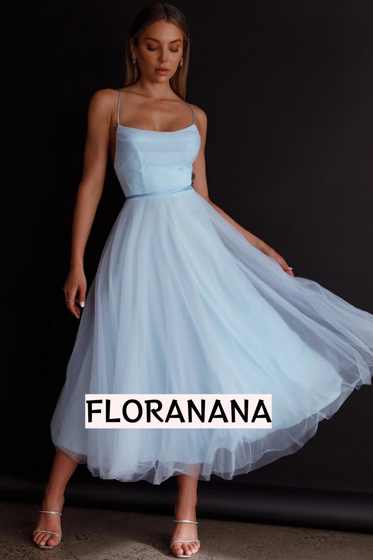 Floating By Pleated Neckline Mesh Midi Dress Blue