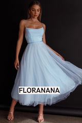 Floating By Pleated Neckline Mesh Midi Dress Blue