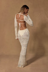 Salise Shiny Cream Distressed Maxi Swim Cover-Up