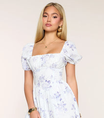 Day Date Floral Print Puff Sleeve Midi Dress