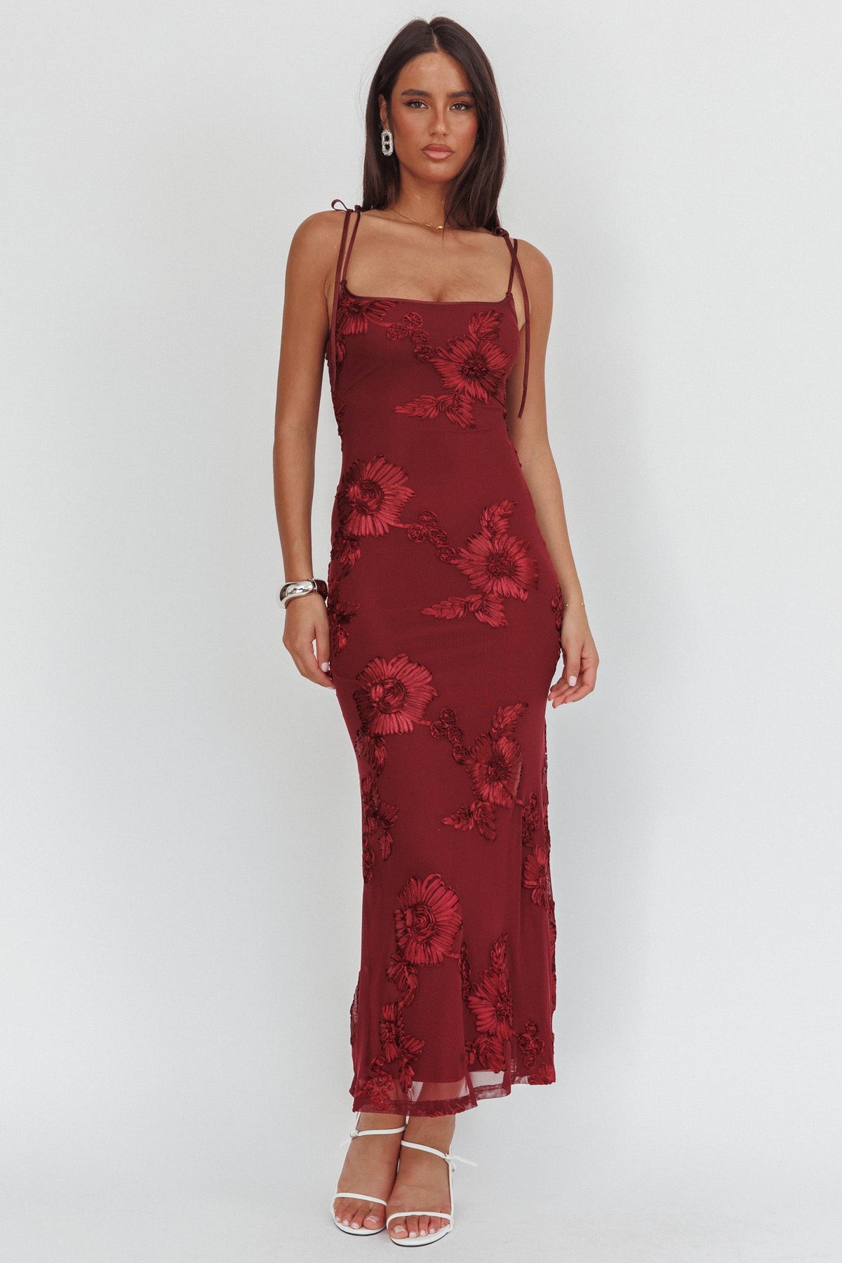 Kaela Tied Shoulder Maxi Dress Embellished Wine