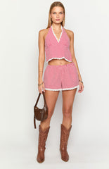 Arnie Red Gingham Broderie Lace Halter Top