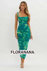 Dream Crush Lace-Up Back Side Split Maxi Dress Swirl Green