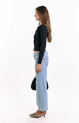 Nina Black Ribbed Knit Long Sleeve Sweater