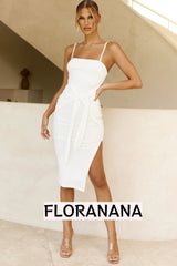Aureta Waist Tie Side Split Midi Dress White