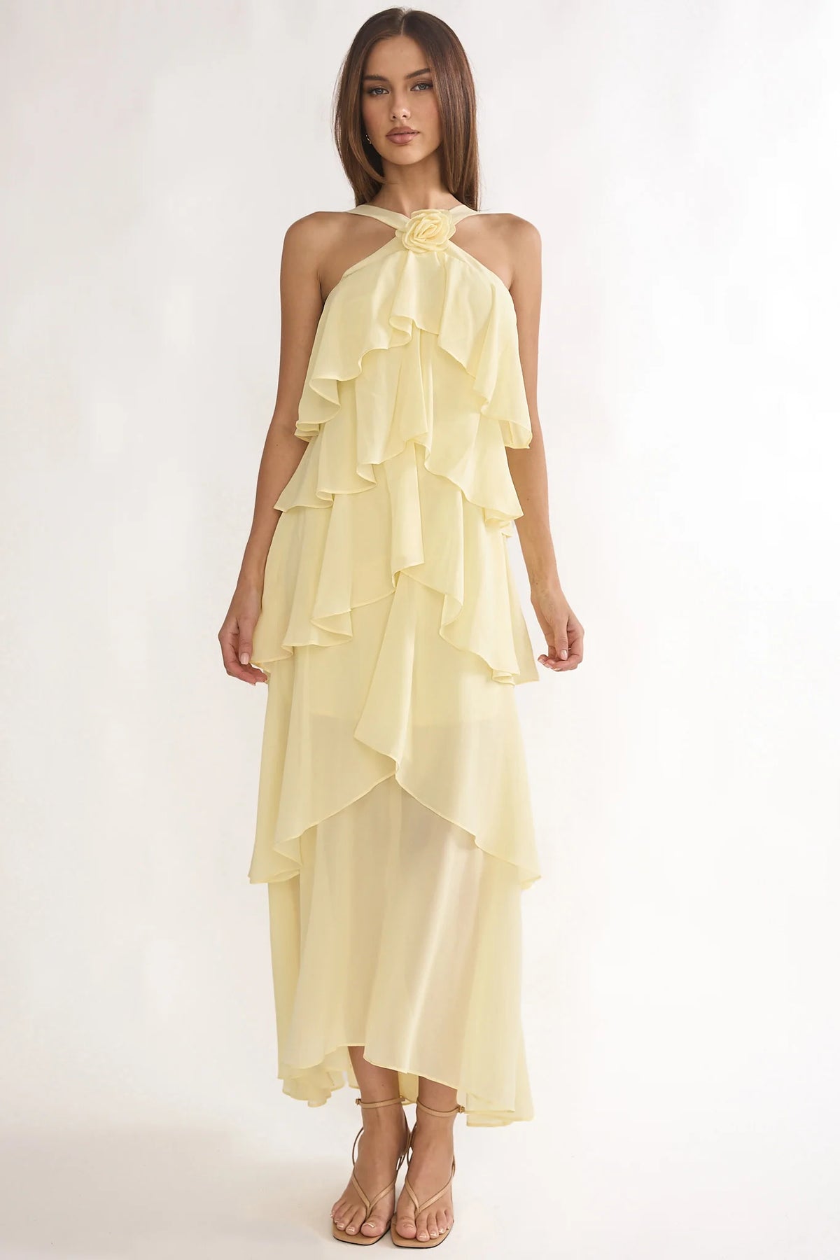 Darylyn Tiered Ruffle Rosette Maxi Dress Yellow