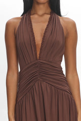 Tanya Halterneck Ruched Maxi Dress Chocolate